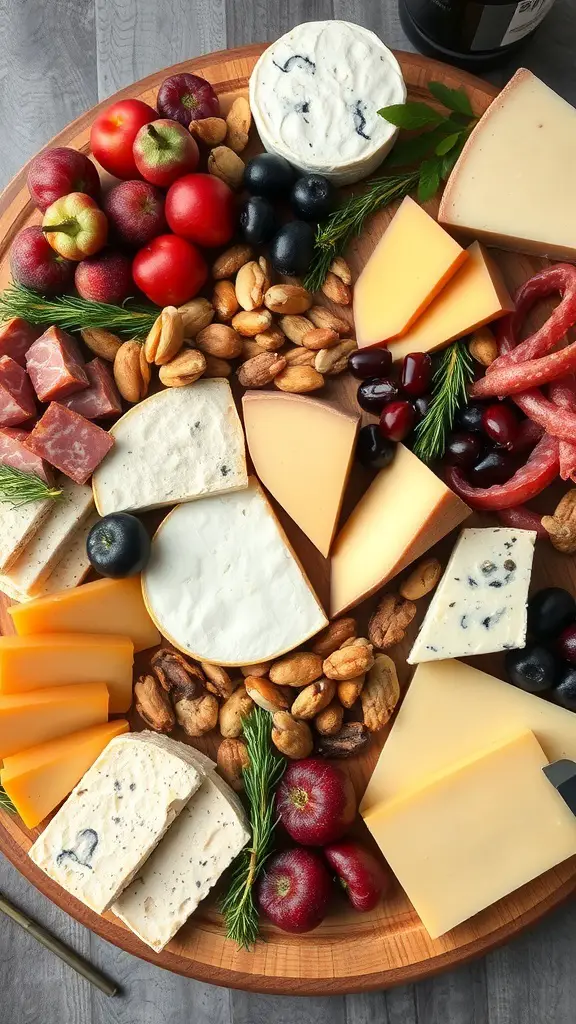 A beautifully arranged cheese and charcuterie board with various cheeses, meats, nuts, and fruits.