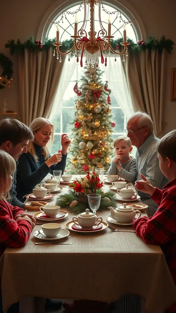 A family enjoying a Christmas tea party around a beautifully set table with a decorated tree in the background.