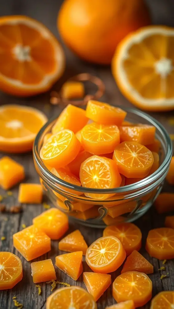 A bowl of bright orange hard candy pieces surrounded by fresh oranges and orange slices.