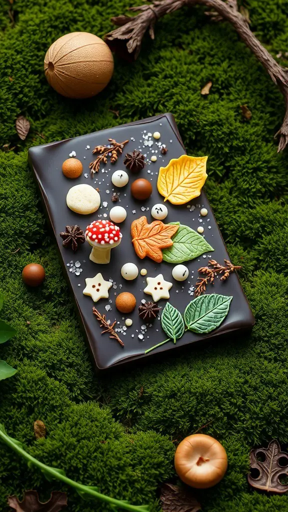 Haunted Forest Chocolate Bark with colorful toppings on a mossy background.