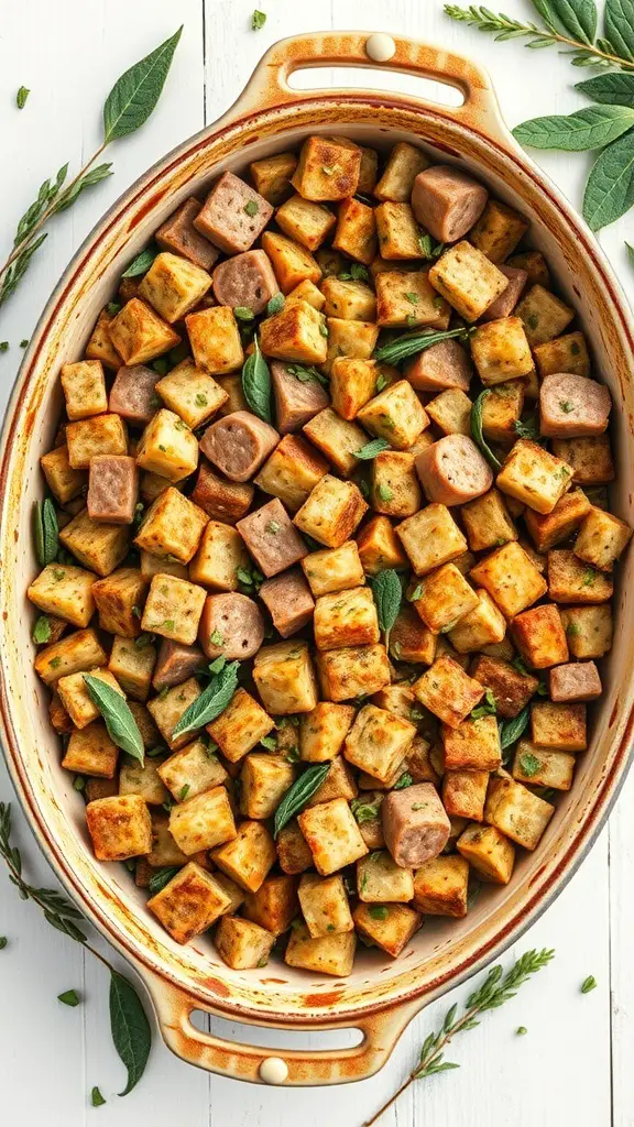 A baked dish of classic stuffing with sausage and sage, featuring golden bread cubes and fresh herbs.