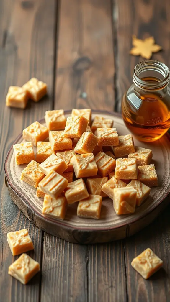 A wooden platter filled with golden nutty maple hard candies and a jar of maple syrup.