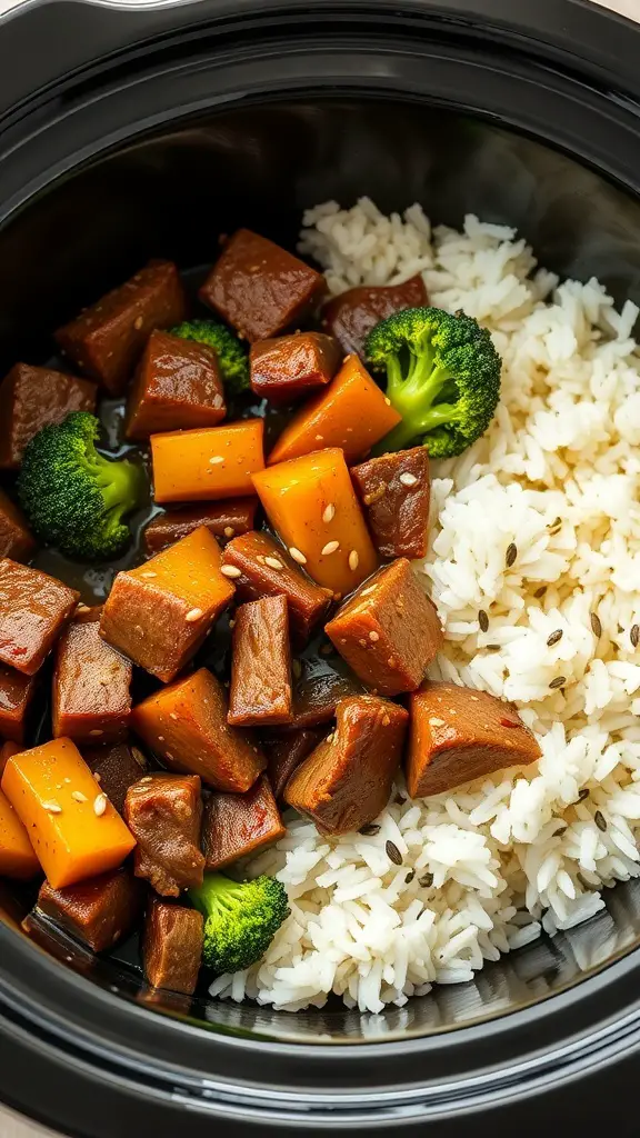 A bowl of beef and broccoli with rice in a crockpot.