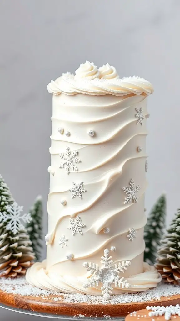 A tall vanilla cake decorated with white frosting and snowflake designs, surrounded by pine trees and snow.