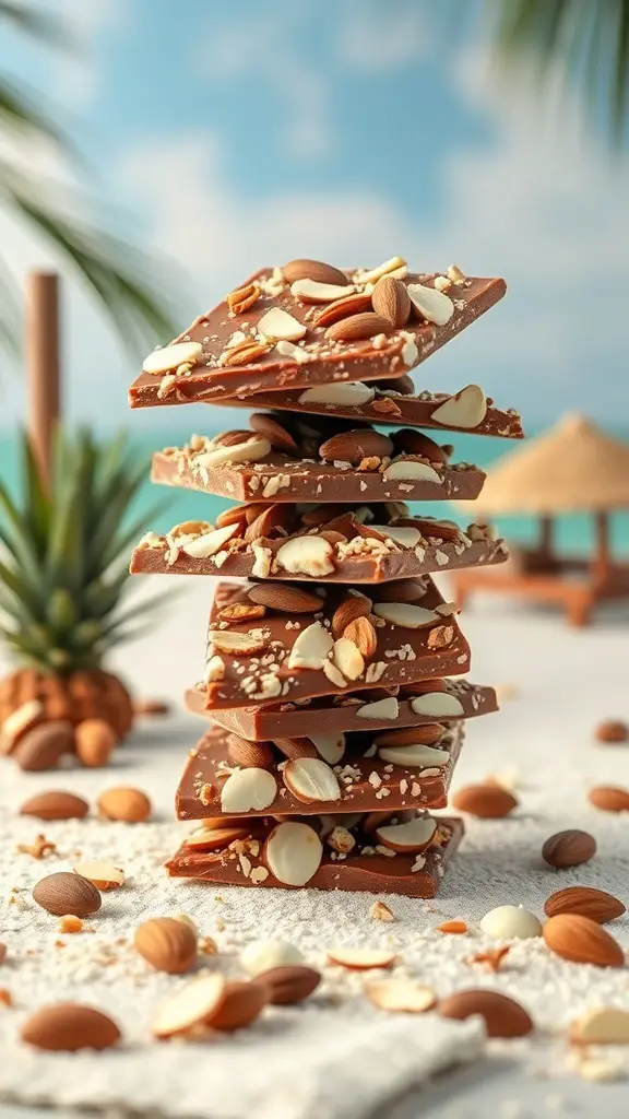 A stack of coconut almond chocolate bark with almonds scattered around, set against a tropical background.
