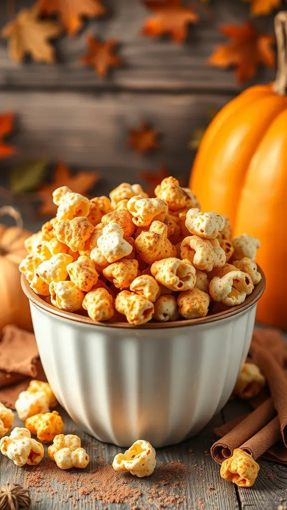 A bowl of pumpkin spice popcorn surrounded by autumn leaves and a pumpkin.