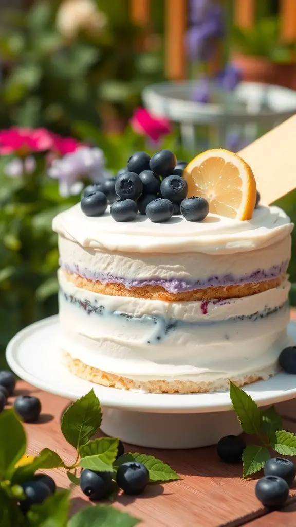 A Lemon Blueberry Layer Cake topped with blueberries and a slice of lemon, surrounded by greenery.