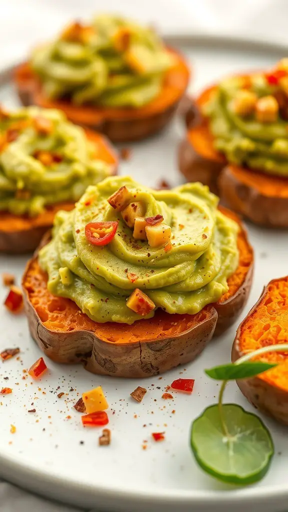 Sweet potato rounds topped with avocado, garnished with chili and cheese