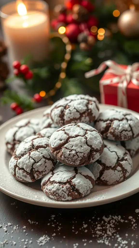 A plate of chocolate crinkle cookies dusted with powdered sugar, surrounded by festive decorations.