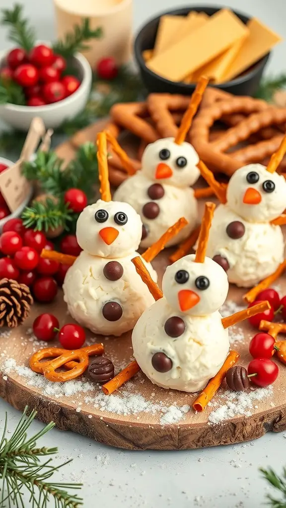 A festive display of snowman cheese balls made from cheese, pretzels, and candy, surrounded by holiday decorations.
