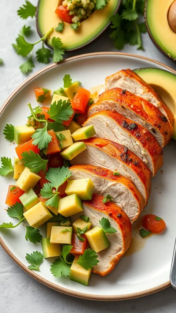 Plate of spicy chipotle turkey slices with avocado salsa and fresh vegetables