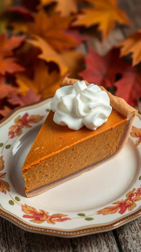 A slice of pumpkin pie topped with whipped cream on a decorative plate, surrounded by autumn leaves.