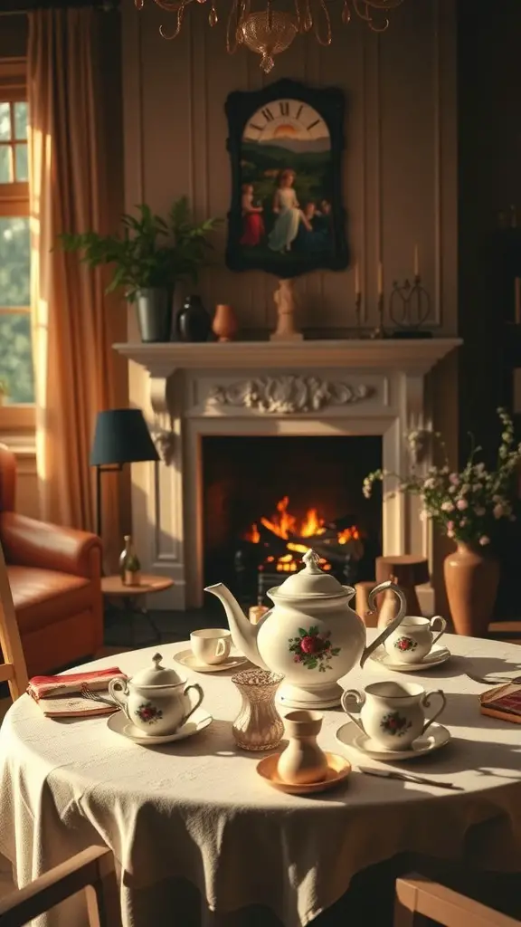 A cozy room with a tea set on a table, a fireplace in the background, and warm lighting.