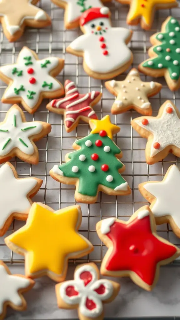 A variety of decorated Christmas sugar cookies on a cooling rack, featuring festive shapes like stars, trees, and snowmen.