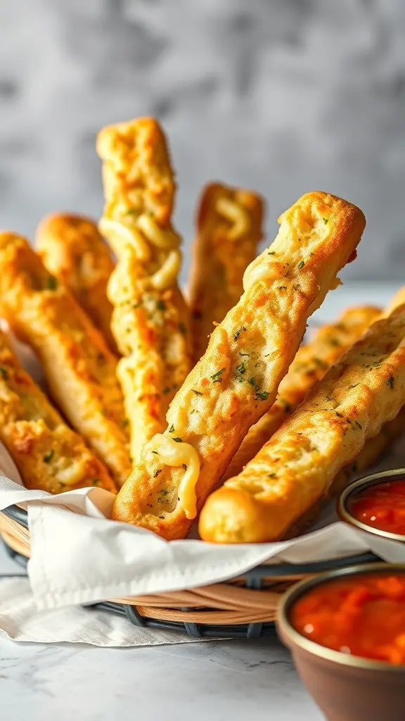 A basket of cheesy garlic breadsticks with marinara sauce on the side.