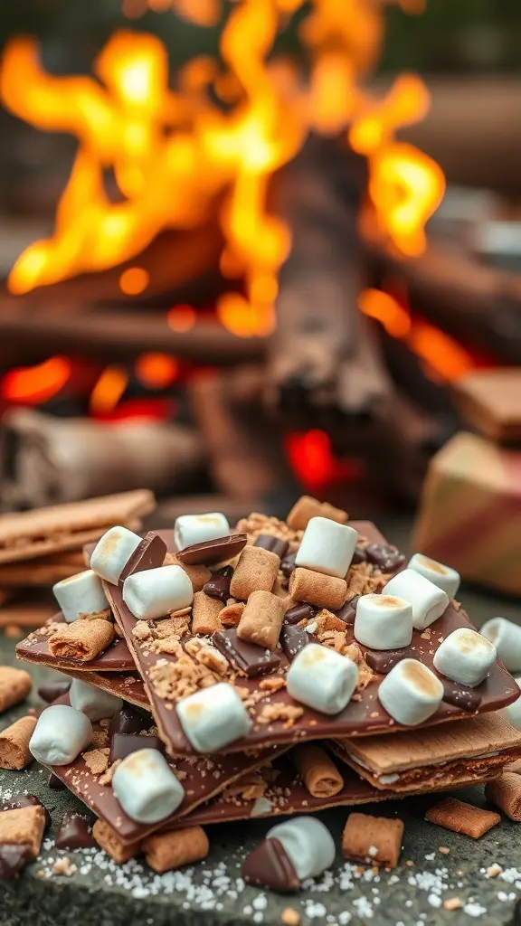 A stack of s'mores candy bark with chocolate, graham crackers, and marshmallows, set against a warm campfire background.