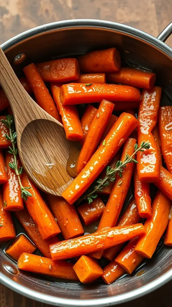 A pot of honey glazed carrots with a wooden spoon and thyme sprigs