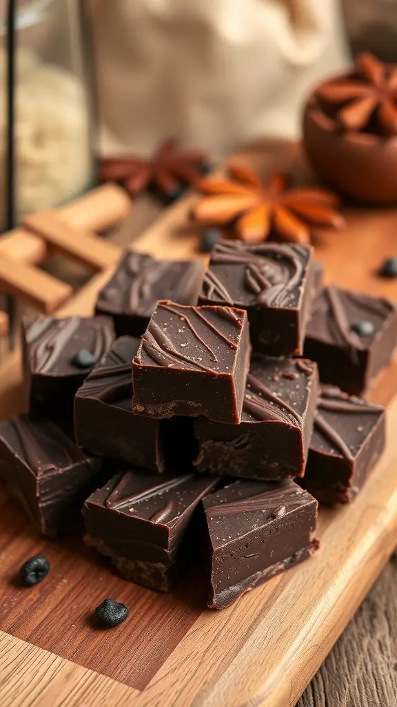 A close-up of dark chocolate fudge squares on a wooden board, surrounded by spices and coffee beans.