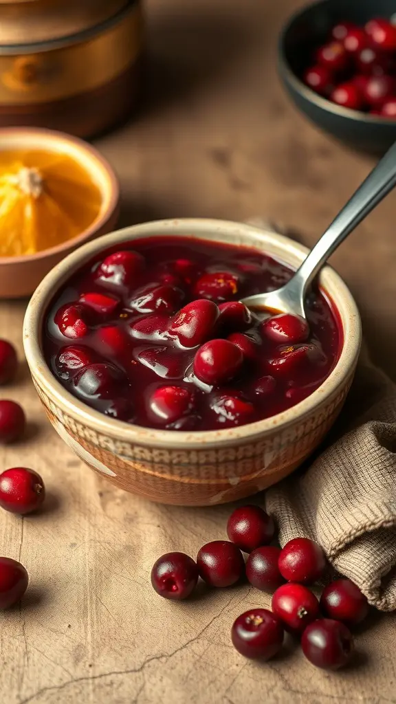 A bowl of cranberry sauce with orange zest, surrounded by fresh cranberries and an orange.