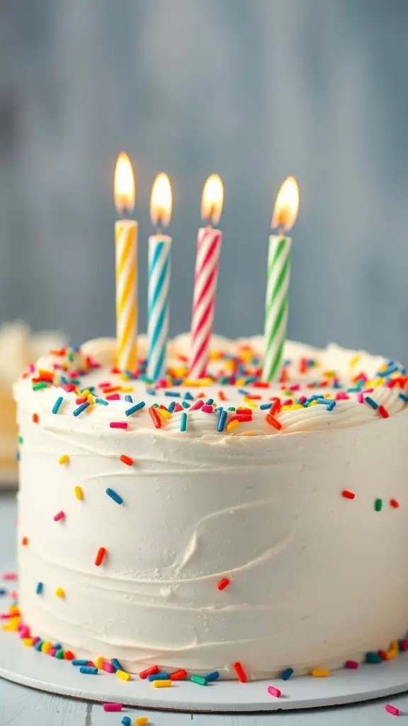 A classic vanilla birthday cake with buttercream frosting, colorful sprinkles, and four lit candles.