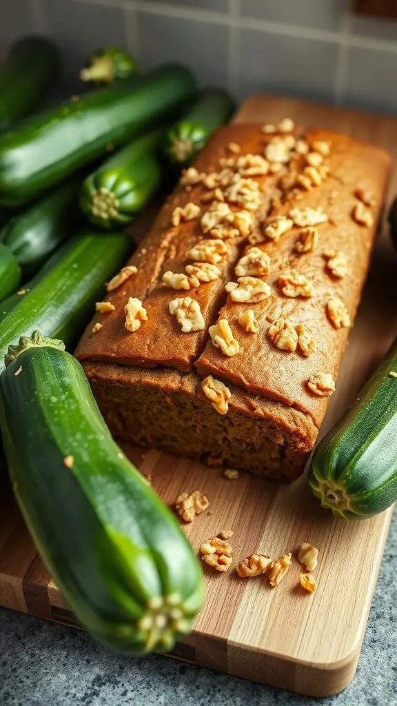 A loaf of zucchini bread topped with walnuts, surrounded by fresh zucchinis on a wooden cutting board.