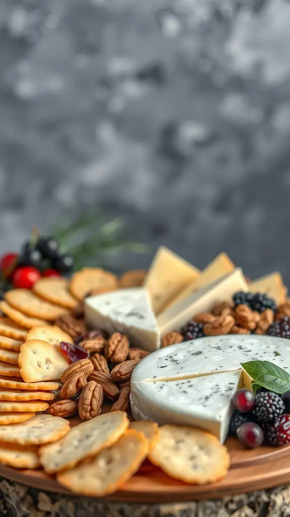 A savory cheese platter featuring various cheeses, crackers, nuts, and berries.