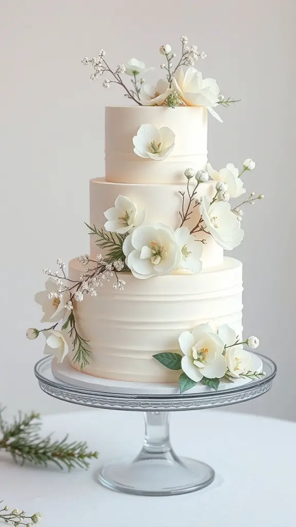A three-tiered winter floral cake decorated with white flowers and greenery.