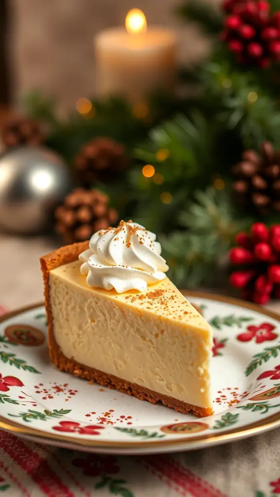 A slice of eggnog cheesecake on a festive plate, topped with whipped cream and nutmeg, surrounded by holiday decorations.