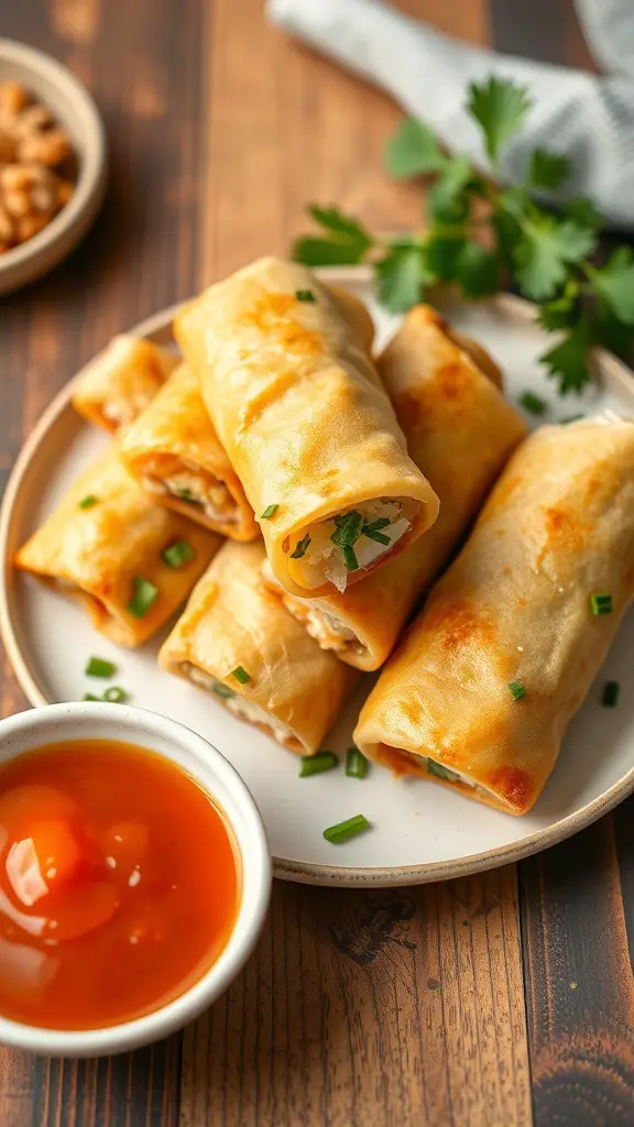 Crispy paneer spring rolls served with sweet chili dip on a wooden table.