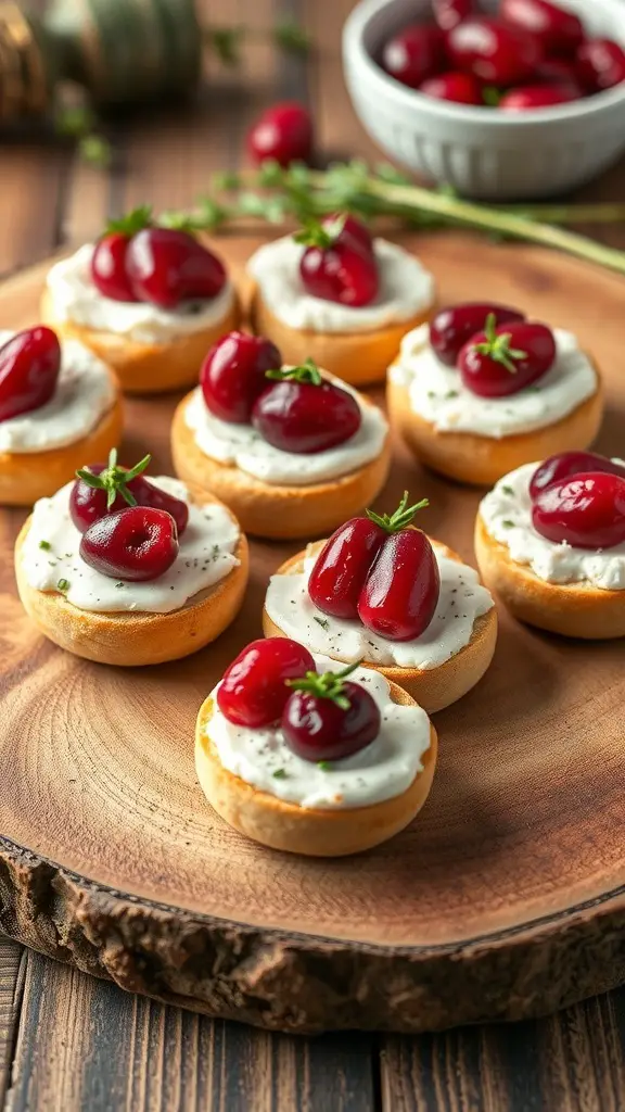 A plate of cranberry brie bites topped with cranberries and herbs