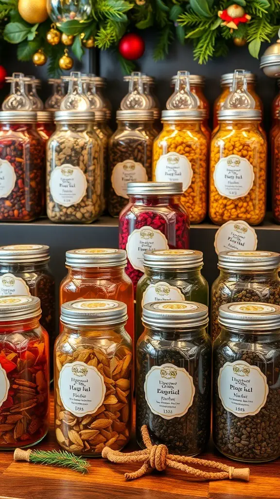 A variety of jars filled with colorful tea blends, surrounded by festive decorations.