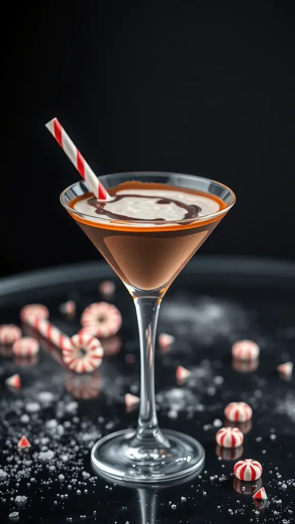 A Chocolate Peppermint Martini with whipped cream and a straw, surrounded by peppermint candies.