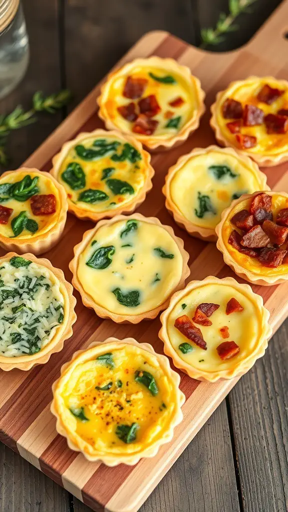 An assortment of mini quiches with various fillings on a wooden board.