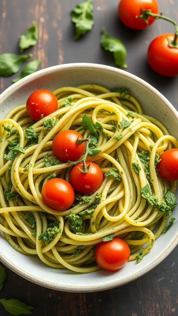 A bowl of zucchini noodles with pesto and cherry tomatoes