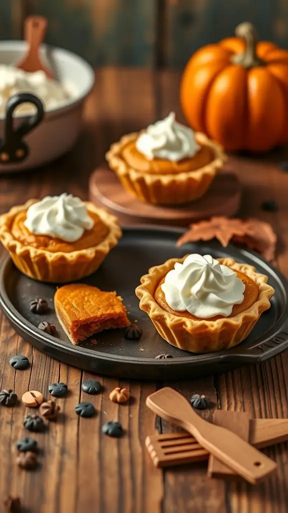 Mini pumpkin pies on a wooden table, featuring whipped cream and a small pumpkin in the background.