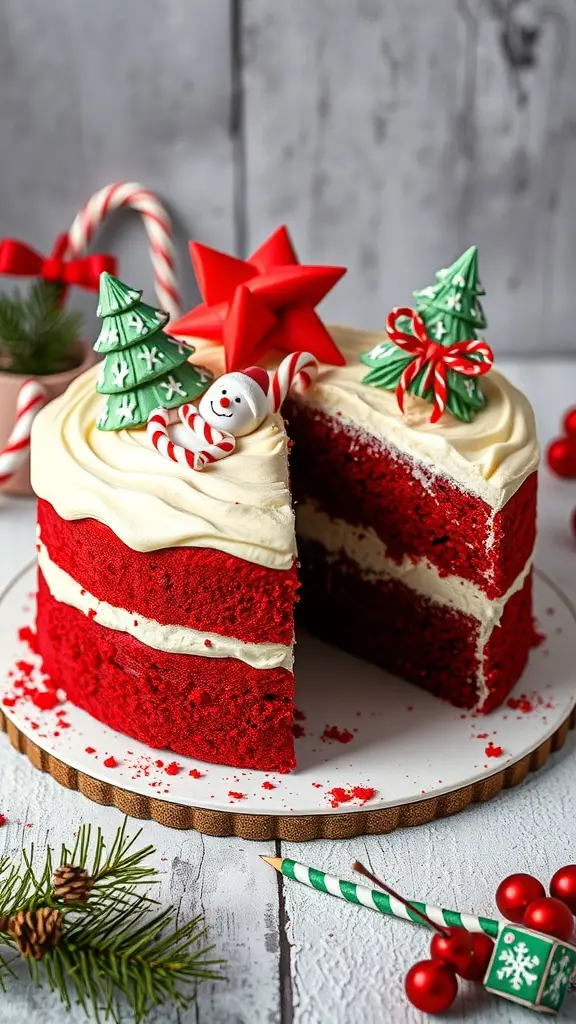 A festive red velvet cake decorated with Christmas trees, a snowman, and a star, with a slice cut out.