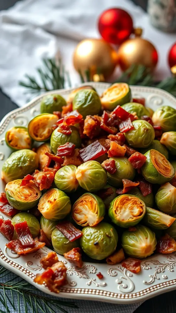 A plate of roasted Brussels sprouts with bacon, garnished and ready to serve.