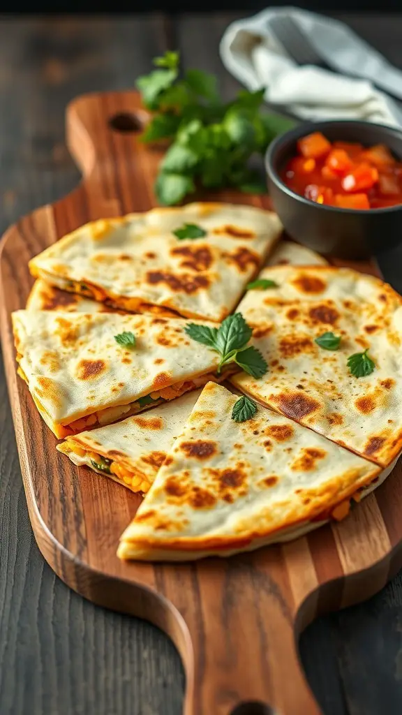 Delicious paneer quesadillas cut into triangles on a wooden board, served with salsa.