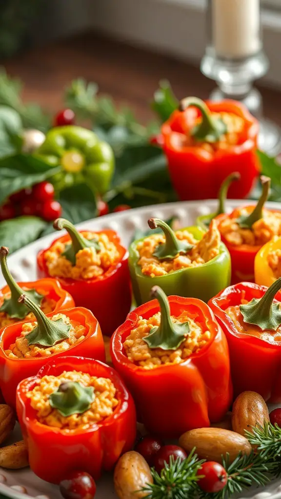 Colorful stuffed bell peppers filled with buffalo chicken mixture, garnished with herbs.
