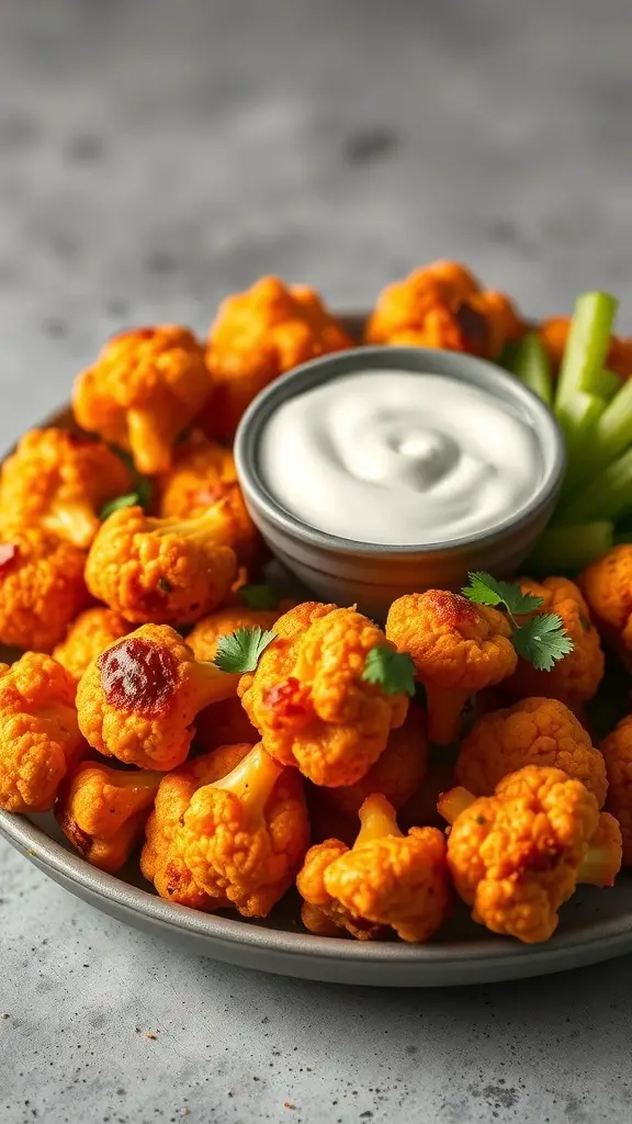 A plate of buffalo cauliflower bites with a creamy dip and celery sticks.