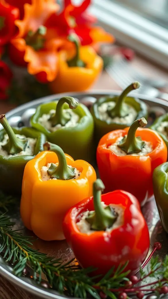 A platter of colorful stuffed mini peppers filled with cream cheese and herbs, surrounded by festive decorations.