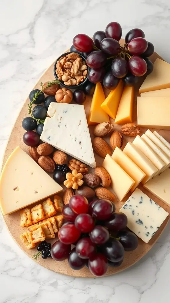 A beautifully arranged fruit and cheese platter featuring various cheeses, grapes, nuts, and crackers.
