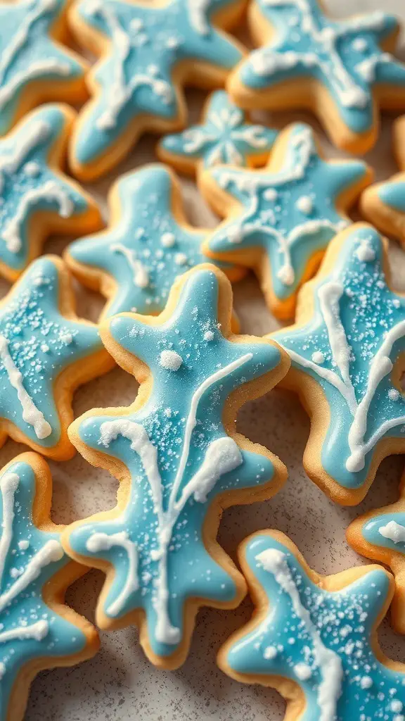 Decorated sugar cookies shaped like icicles and snowflakes with blue icing and white details.