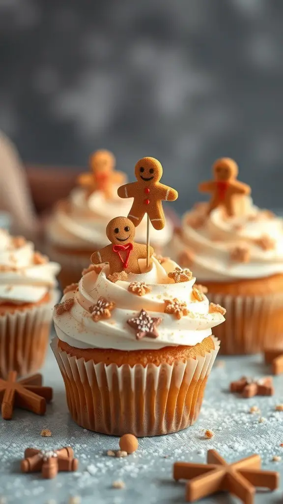 Gingerbread spice cupcakes with frosting and gingerbread decorations