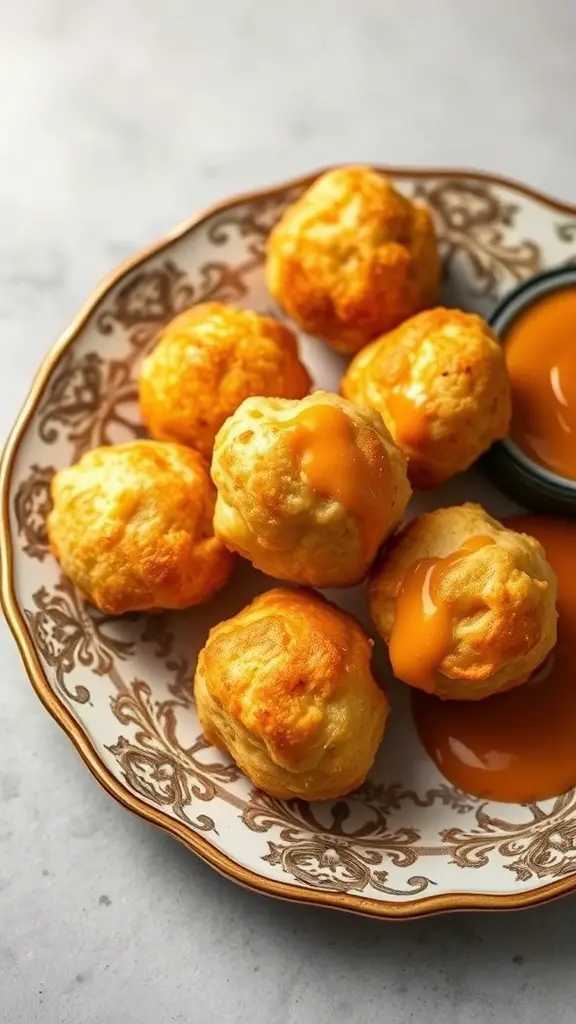 A plate of golden cheese puffs with a dipping sauce