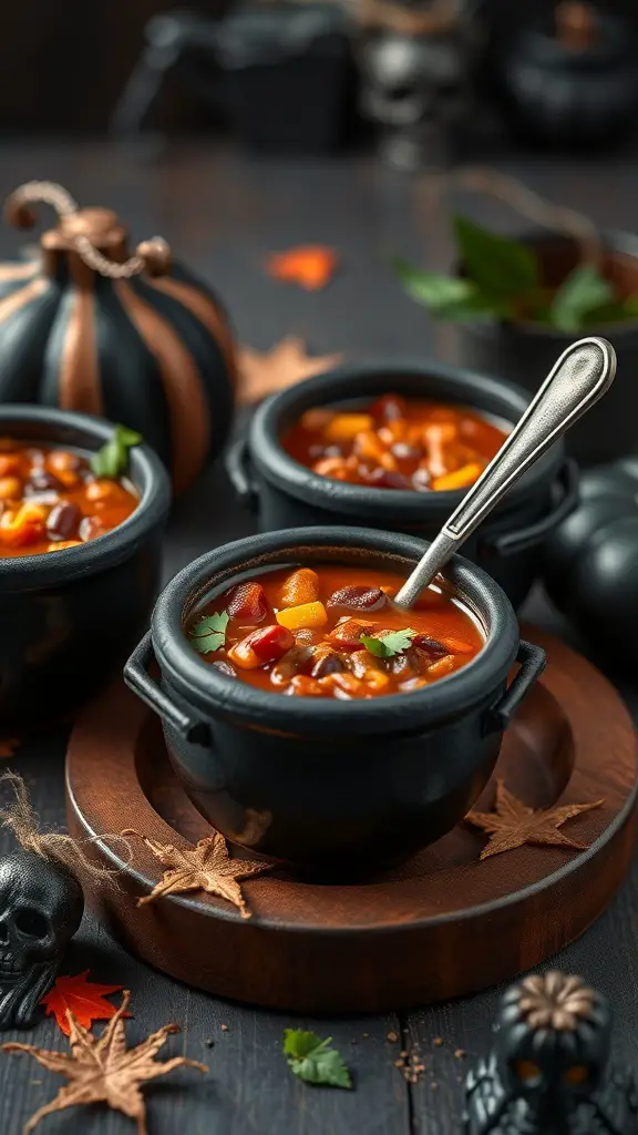 Cauldron Chili Cups served in small black pots with a spooky Halloween theme.