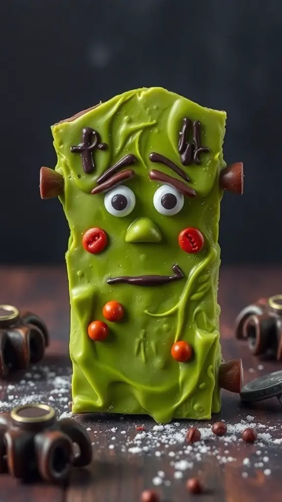 A piece of Frankenstein's Monster chocolate bark, decorated with green chocolate, candy eyes, and facial features.