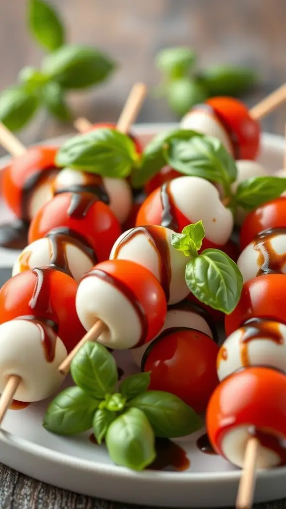A plate of Caprese skewers with cherry tomatoes, mozzarella balls, and basil drizzled with balsamic glaze.