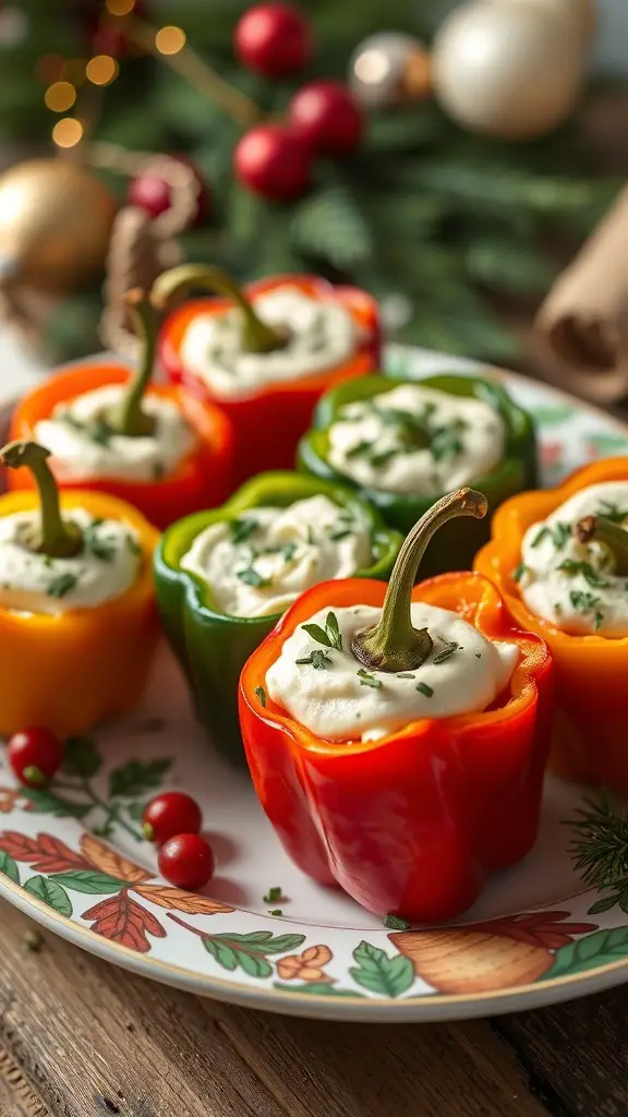 A plate of stuffed mini peppers filled with creamy filling and topped with herbs, set against a festive background.