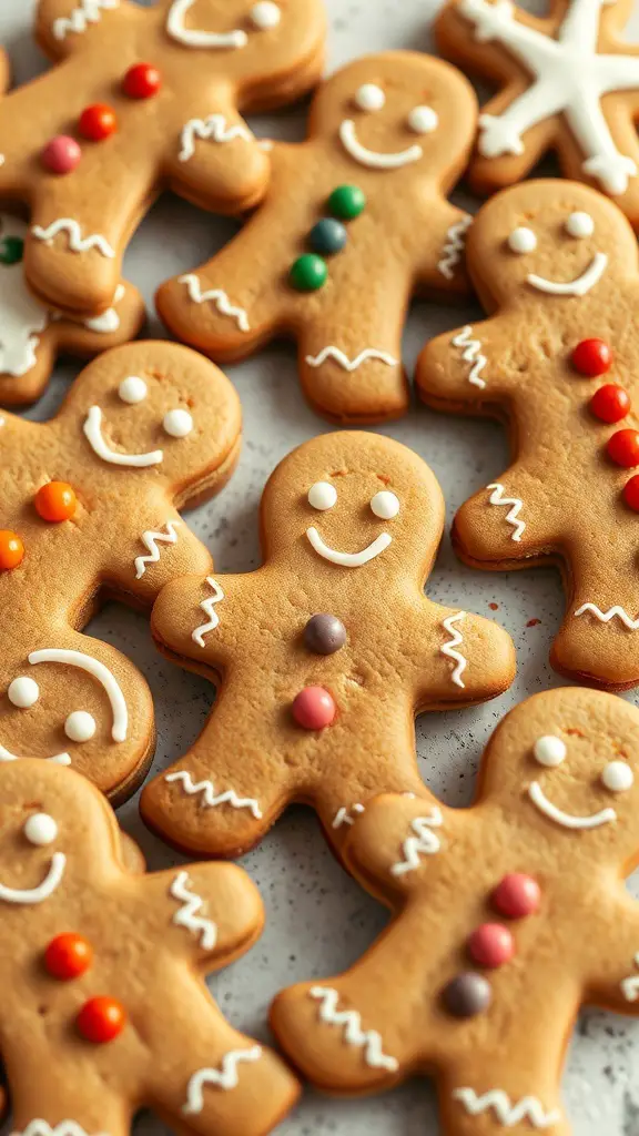 A collection of gingerbread men cookies decorated with icing and candies.